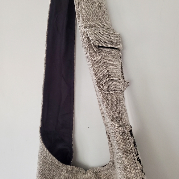 RISING INT'L Gray Black Woven Fabric Hobo Zip Shoulder Bag Floral & Hemp Boho - Picture 7 of 16
